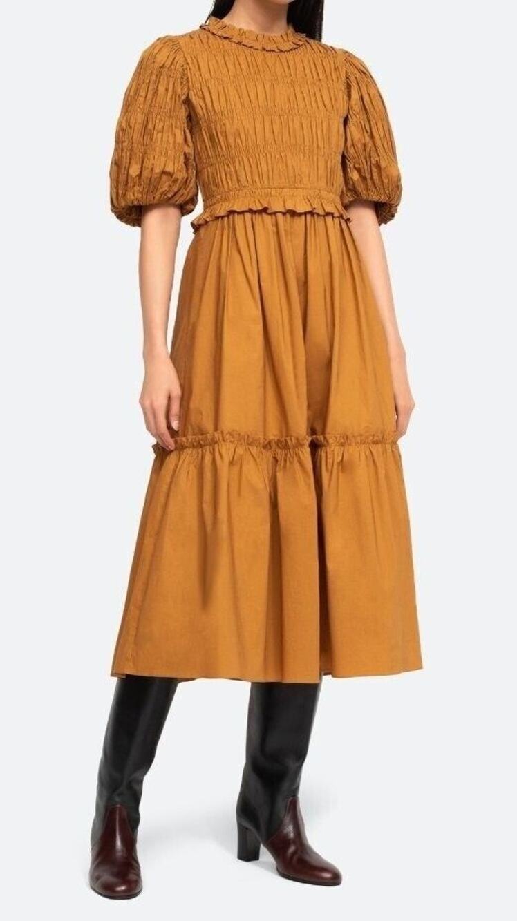 Sea New York Sz 6 Bronze Smocked Rene Puff Sleeve Cotton Poplin Midi Dress